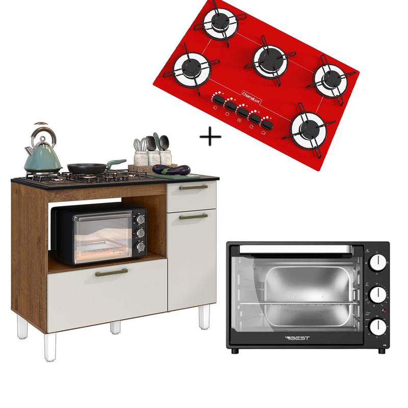 Kit Balcão Cooktop 2 Porta 1 Gav. Natura/off White C/fogão Cooktop